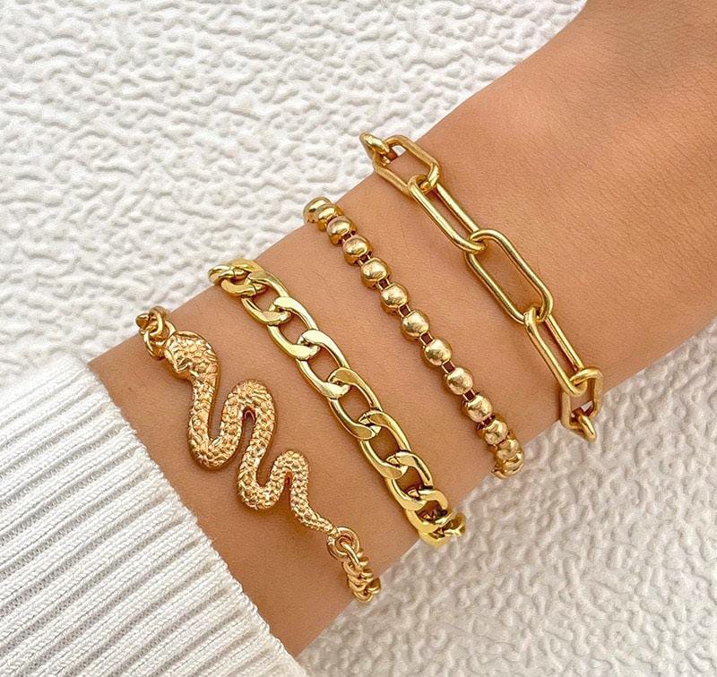 Bold Snake Charm Chain Bracelet Set – 4-Piece Gold Layered Style
