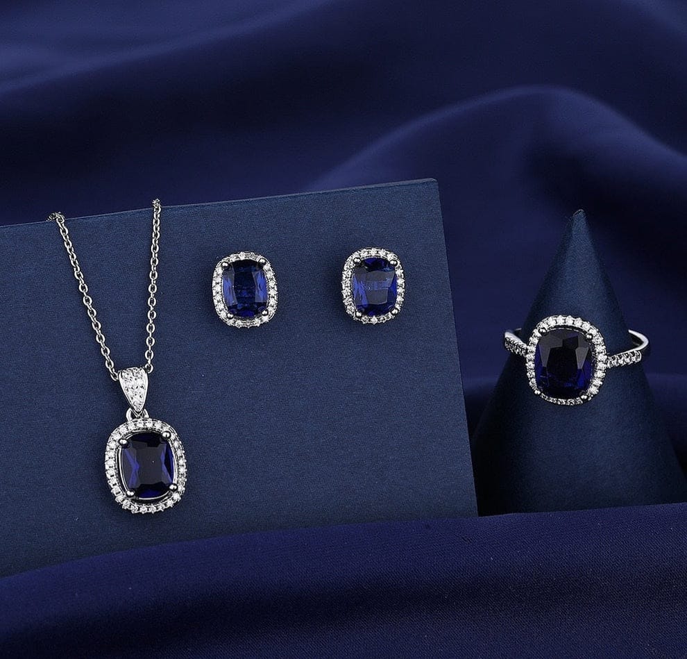 Royal Blue Cushion-Cut Jewelry Set – Necklace, Earrings & Ring with Halo Accents