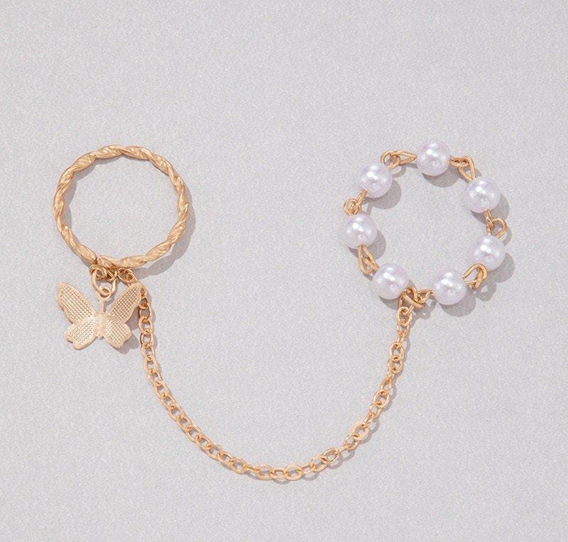 Butterfly & Pearl Dual Chain Ring – Adjustable Gold-Tone Finger Jewelry