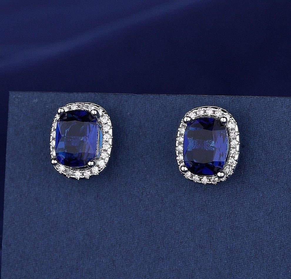 Royal Blue Cushion-Cut Jewelry Set – Necklace, Earrings & Ring with Halo Accents