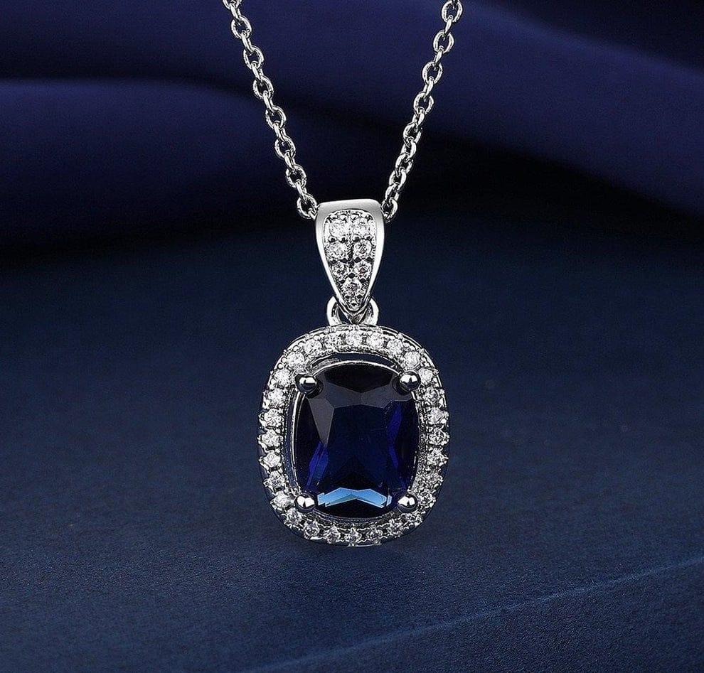 Royal Blue Cushion-Cut Jewelry Set – Necklace, Earrings & Ring with Halo Accents