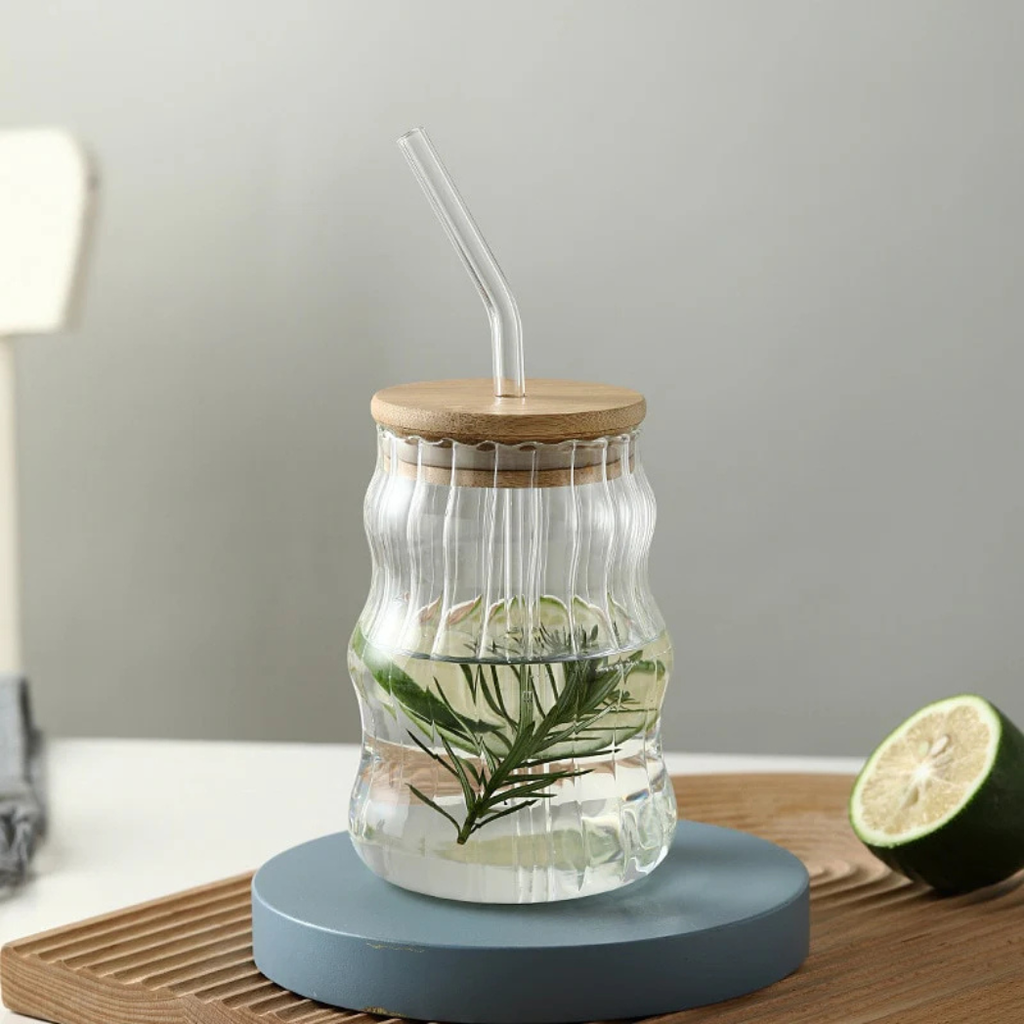 Wavy Smoke Glass Cup with Bamboo Lid & Straw