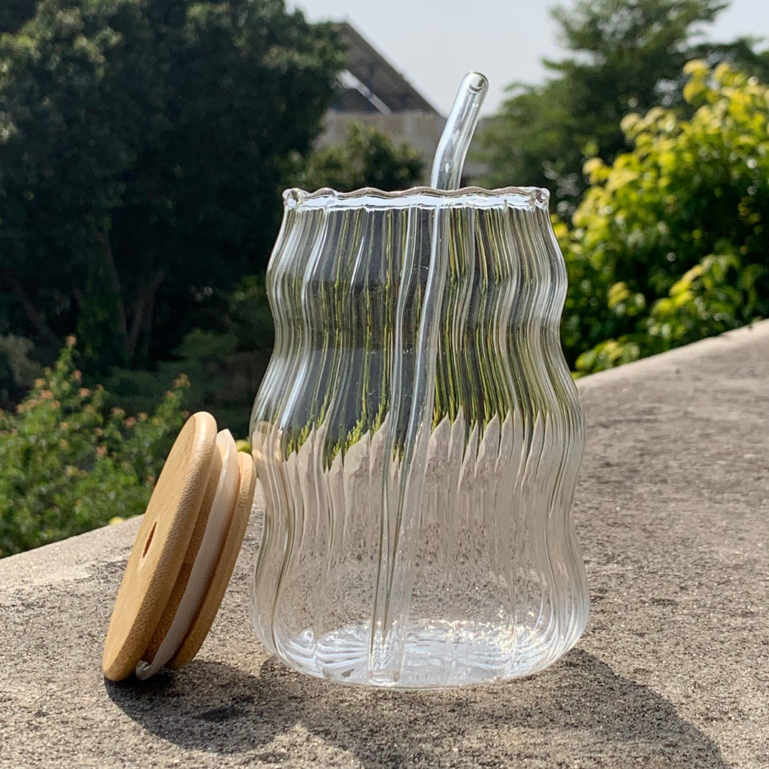 Wavy Smoke Glass Cup with Bamboo Lid & Straw