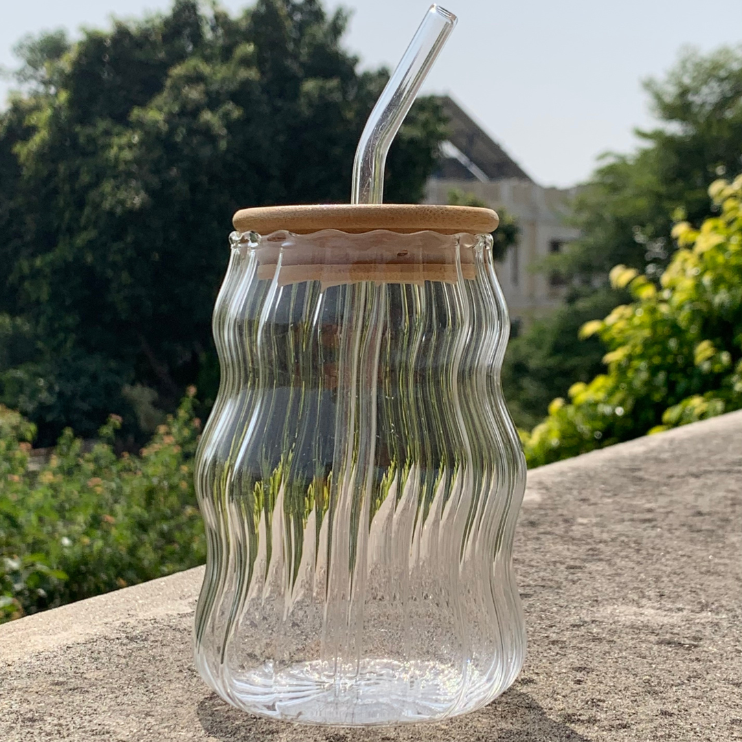 Wavy Smoke Glass Cup with Bamboo Lid & Straw