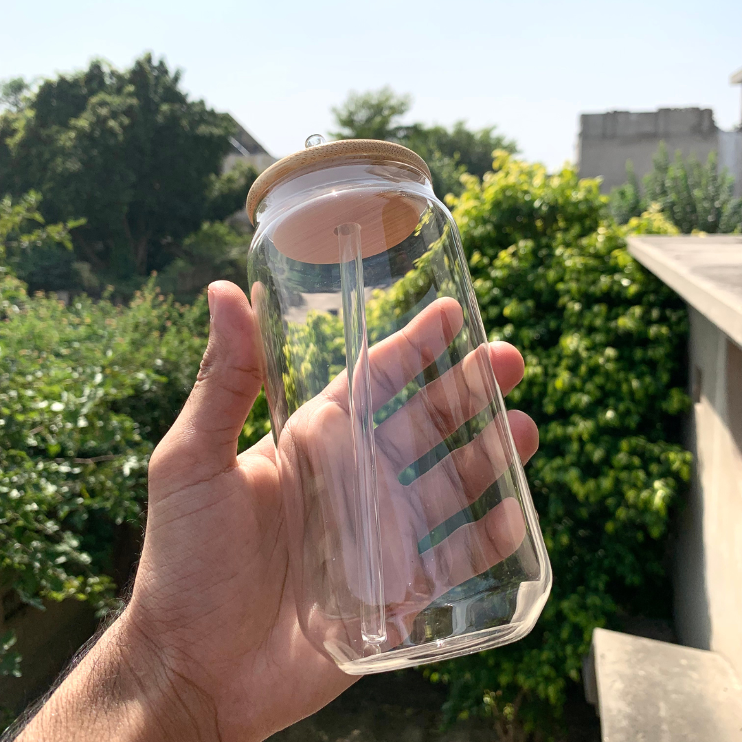 Clear Glass Cup with Bamboo Lid & Straw