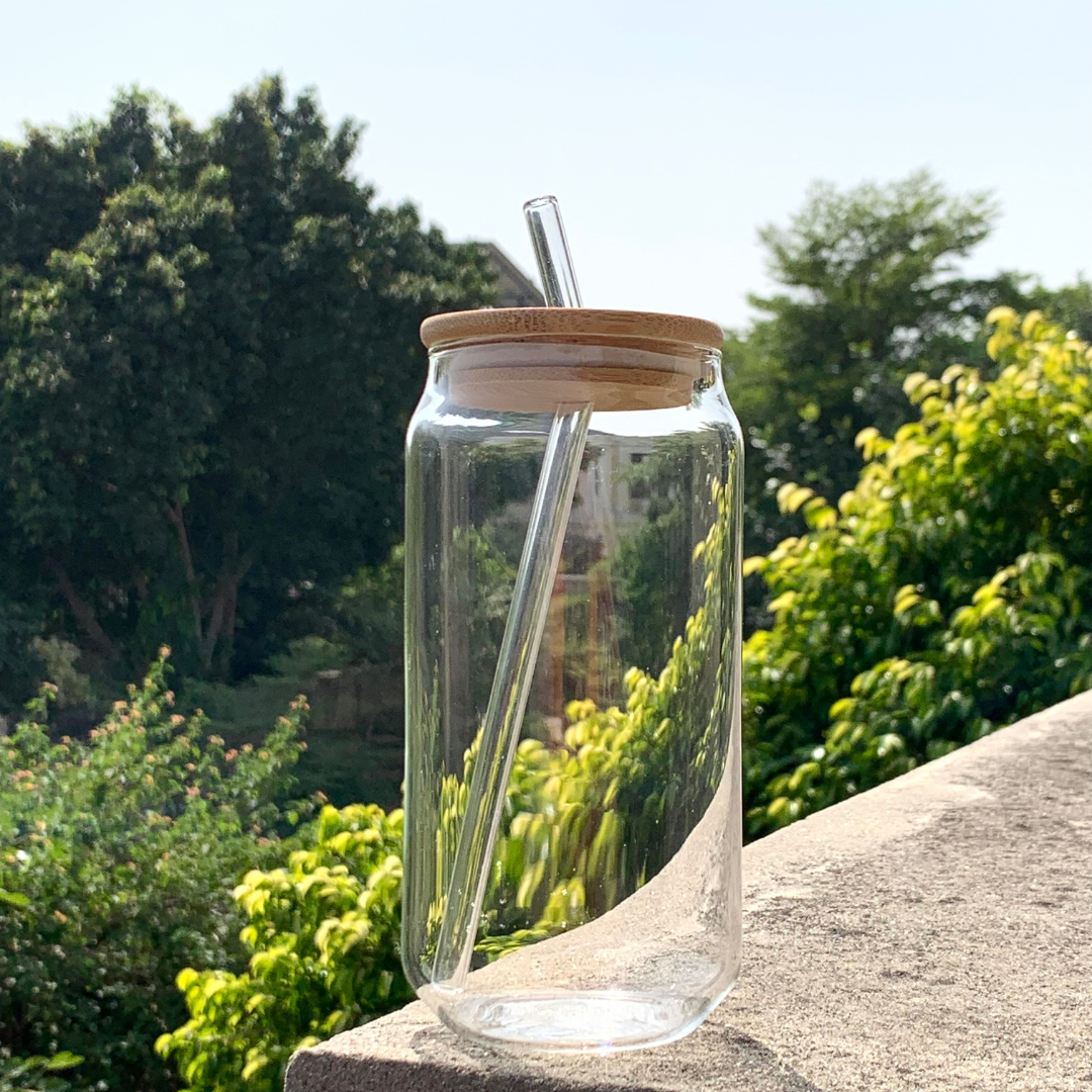 Clear Glass Cup with Bamboo Lid & Straw