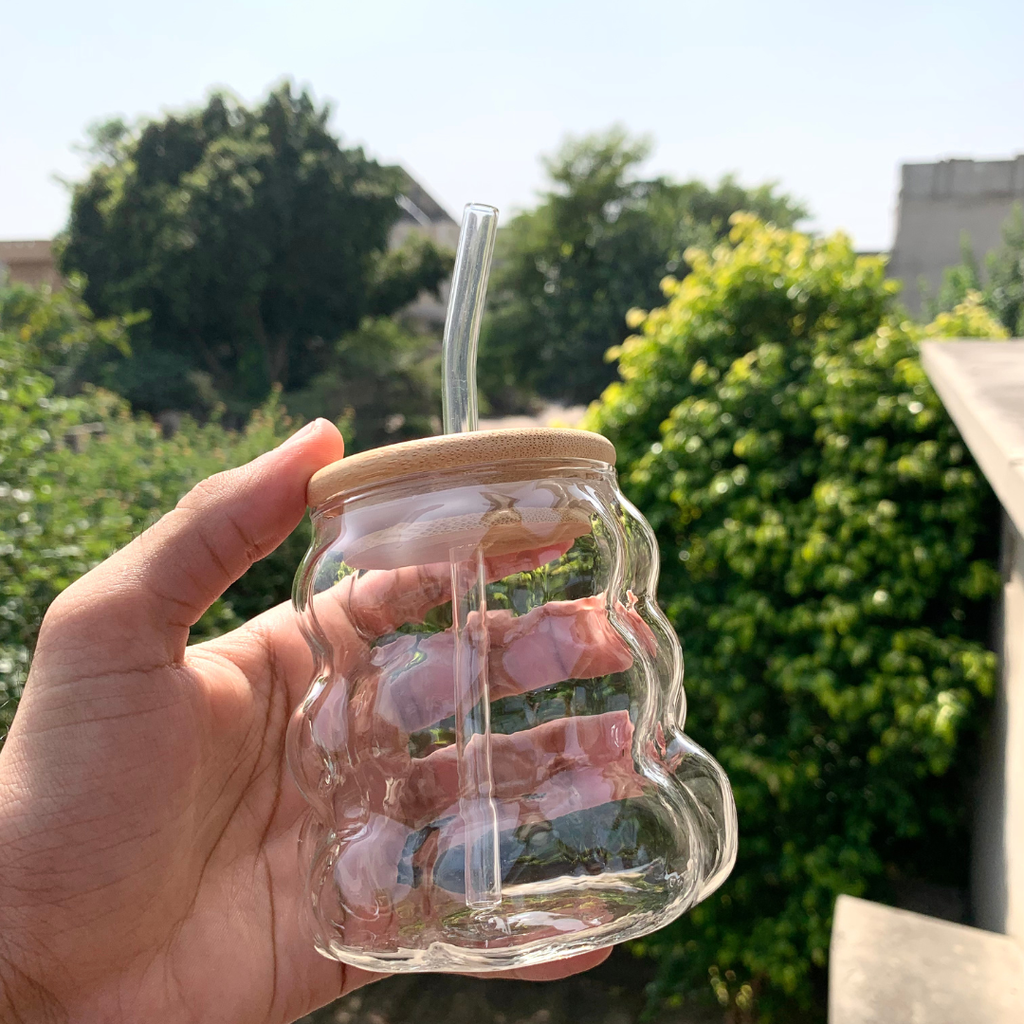 Playful Bubble Glass Tumbler with Bamboo Lid & Straw