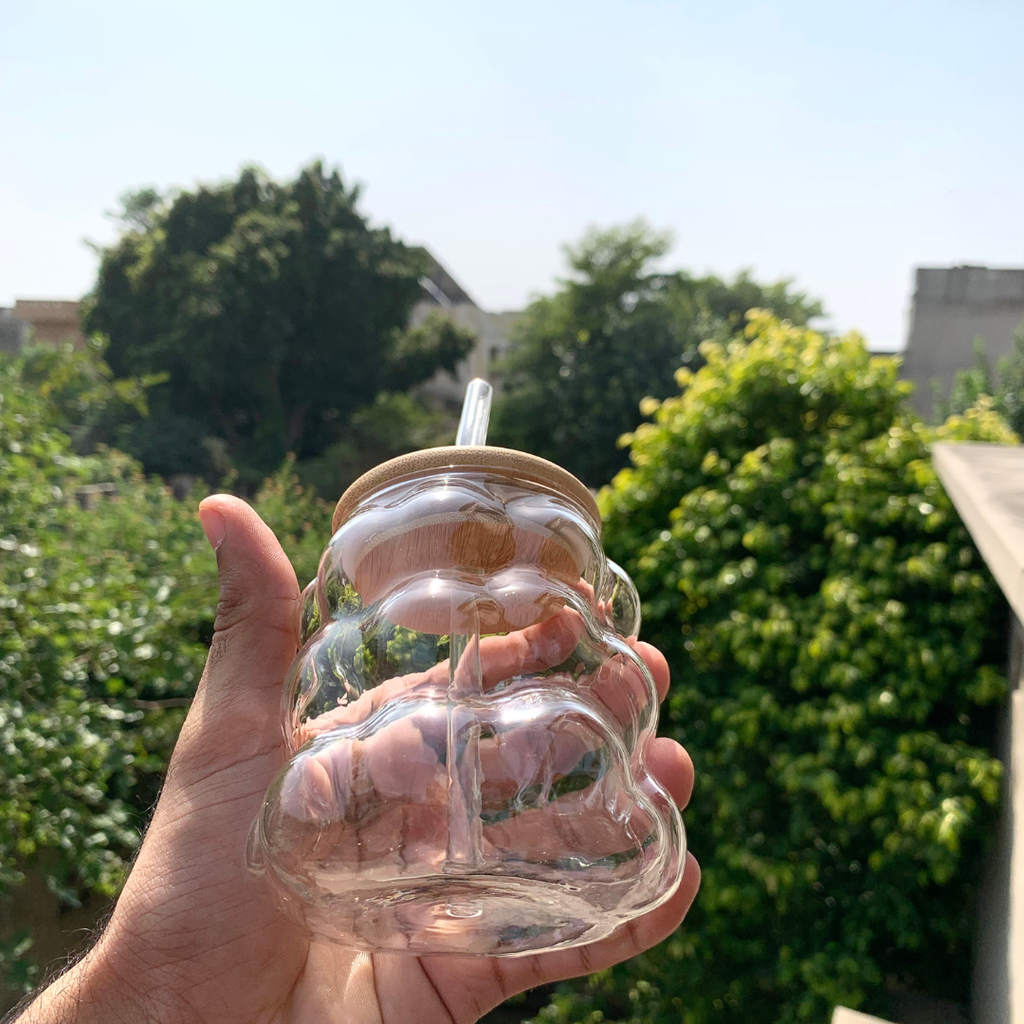 Playful Bubble Glass Tumbler with Bamboo Lid & Straw