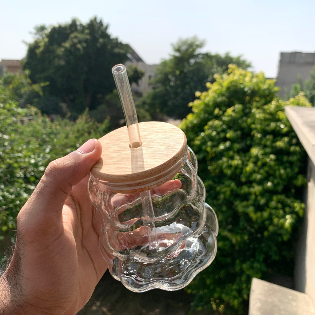 Playful Bubble Glass Tumbler with Bamboo Lid & Straw