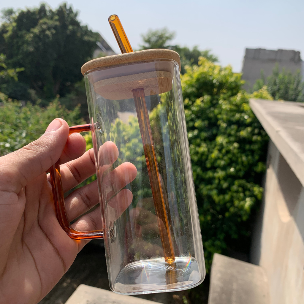 Square Clear Glass Mug with Amber Handle & Bamboo Lid