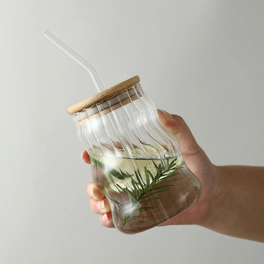 Wavy Smoke Glass Cup with Bamboo Lid & Straw