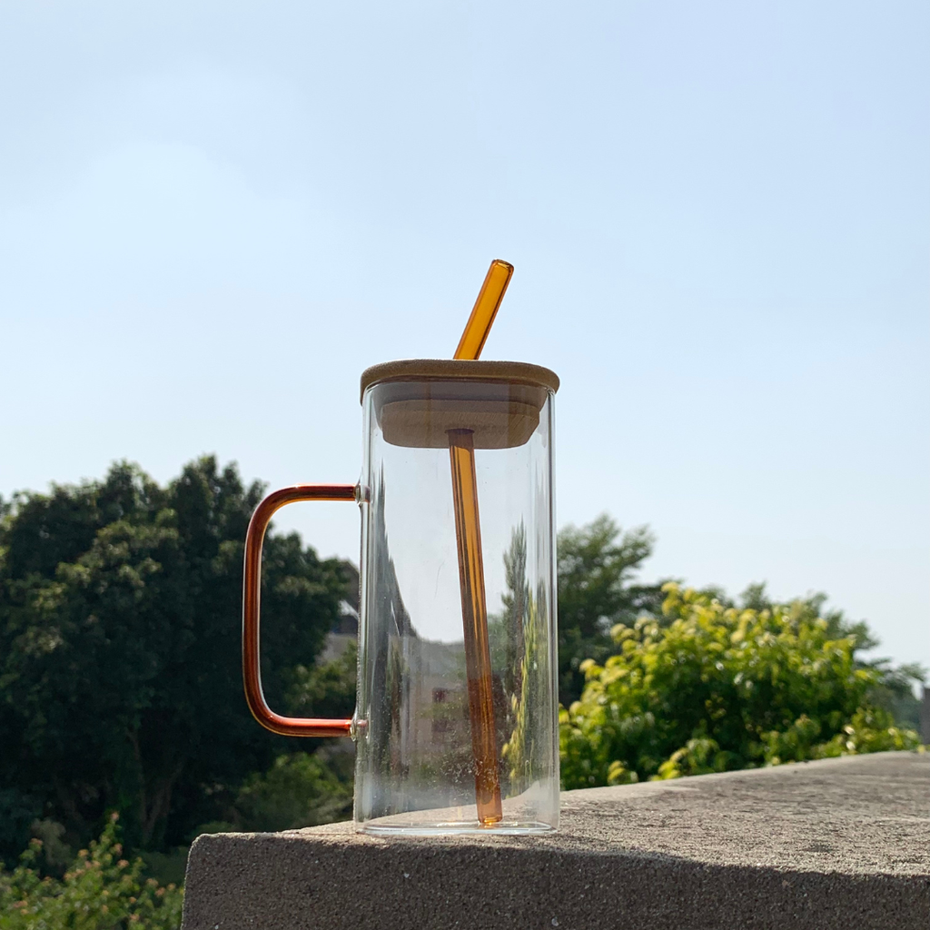 Square Clear Glass Mug with Amber Handle & Bamboo Lid