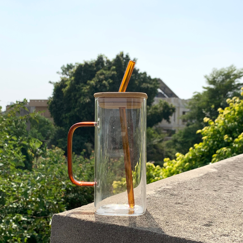 Square Clear Glass Mug with Amber Handle & Bamboo Lid