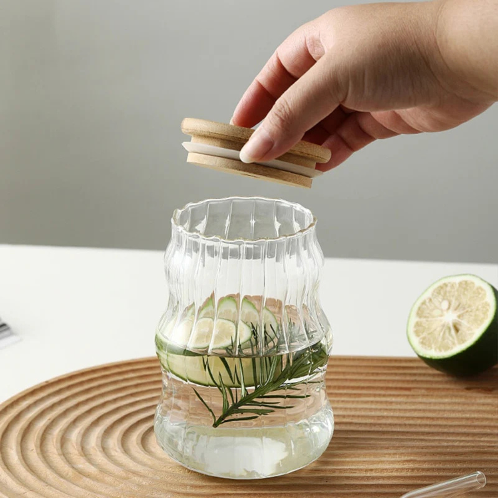 Wavy Smoke Glass Cup with Bamboo Lid & Straw