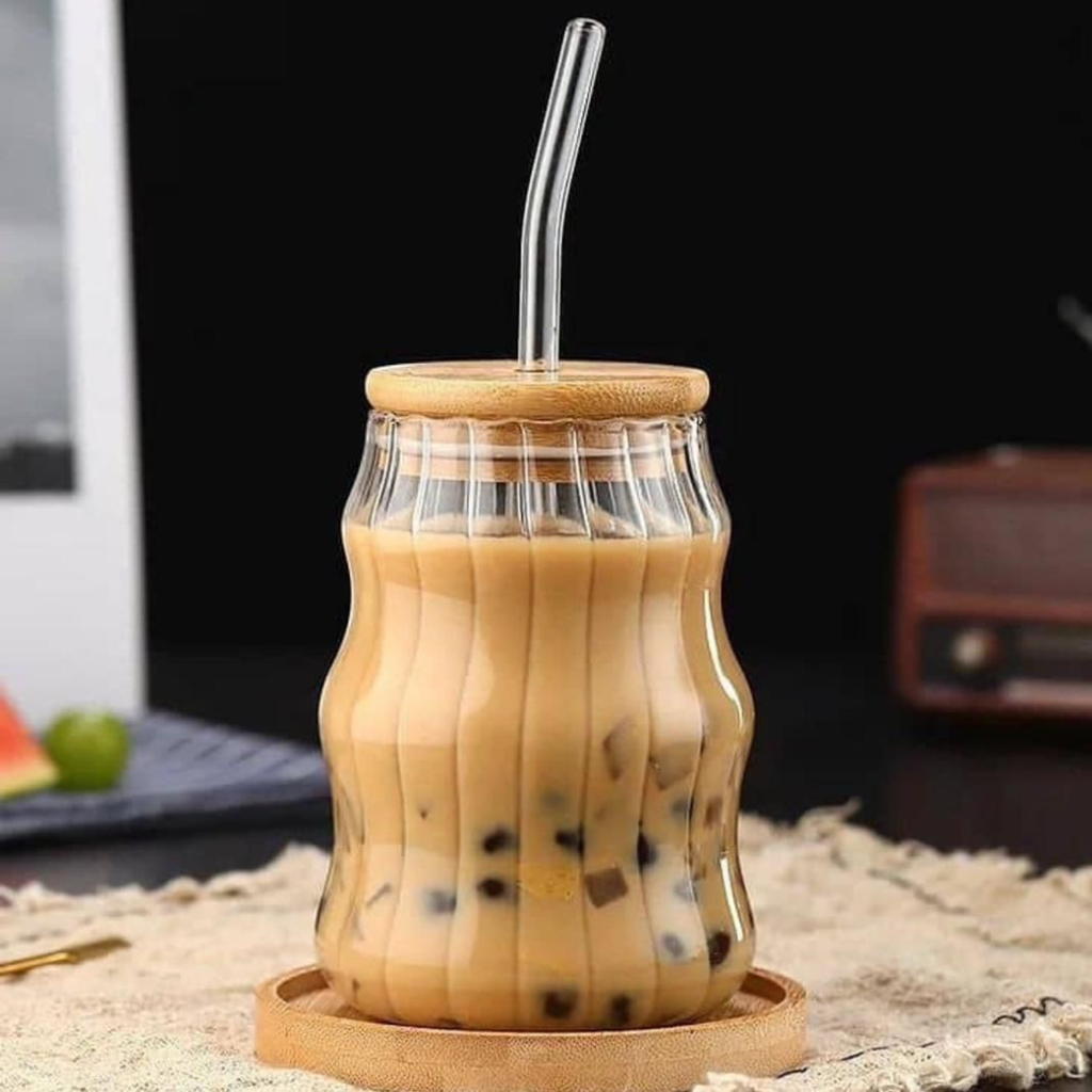 Wavy Smoke Glass Cup with Bamboo Lid & Straw