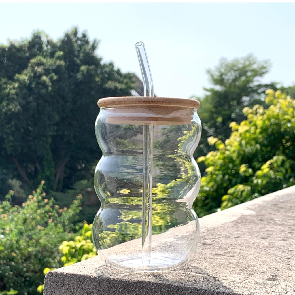Wavy Bubble Glass Tumbler with Bamboo Lid & Straw