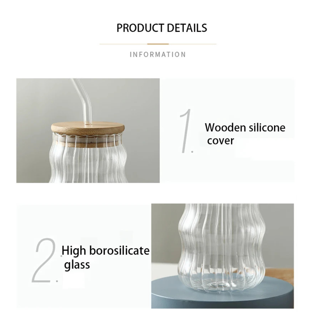 Wavy Smoke Glass Cup with Bamboo Lid & Straw