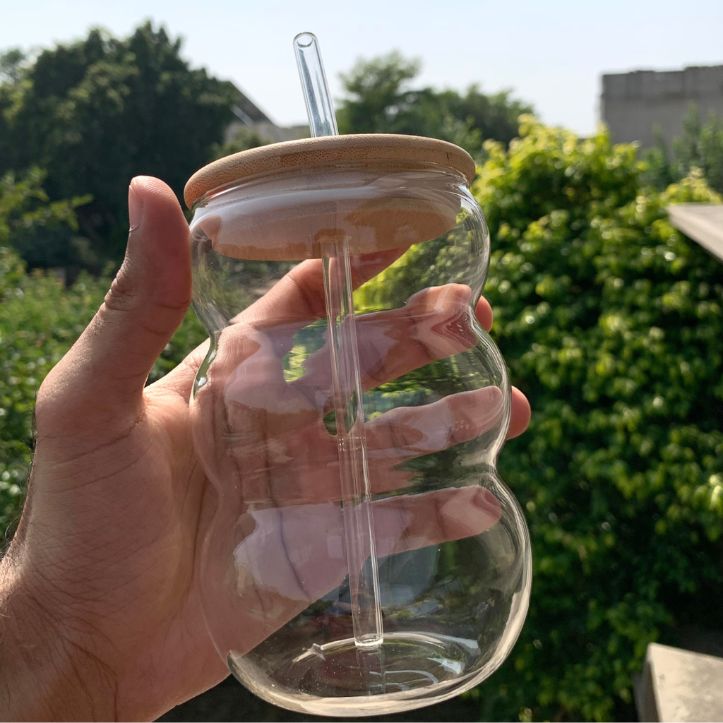Wavy Bubble Glass Tumbler with Bamboo Lid & Straw