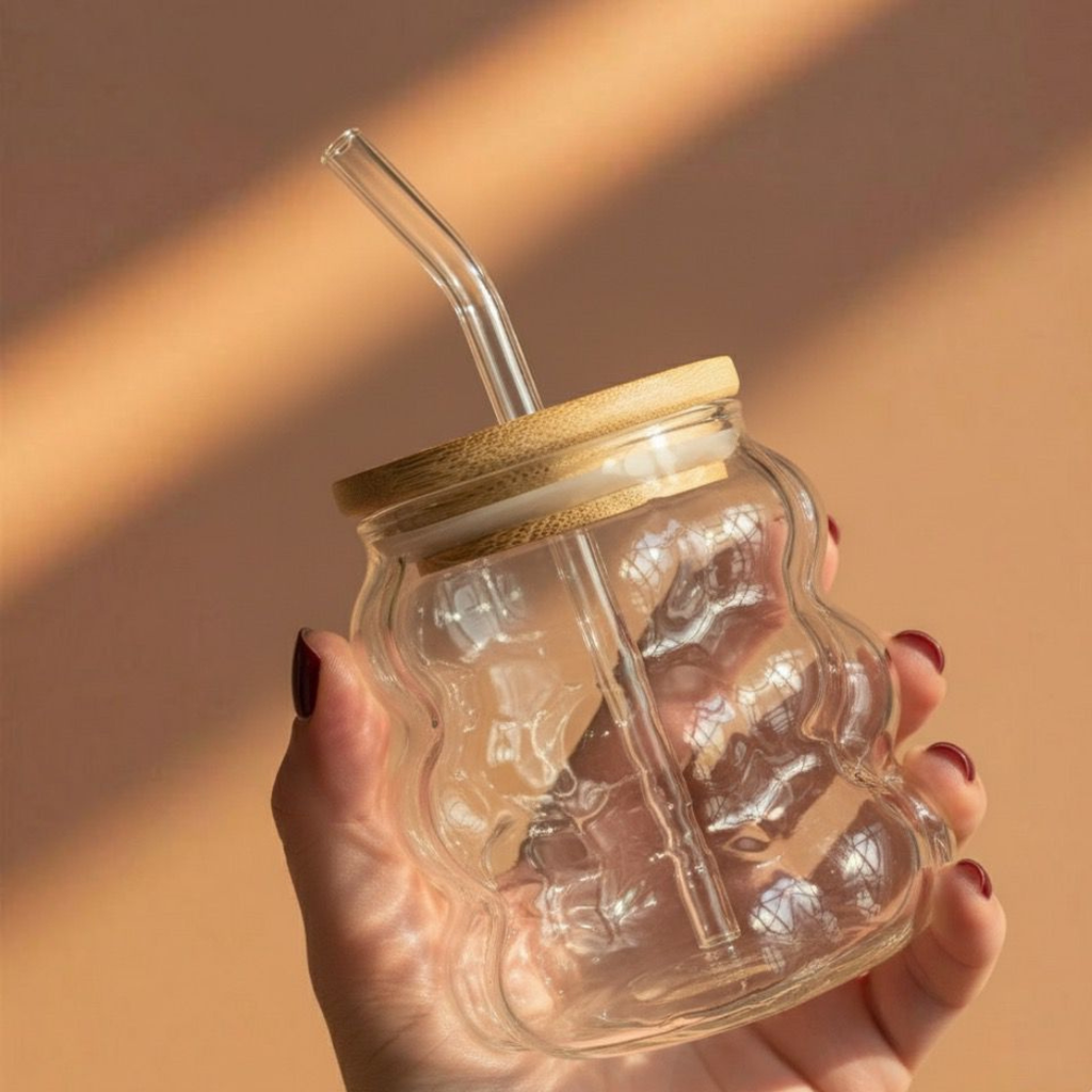 Playful Bubble Glass Tumbler with Bamboo Lid & Straw