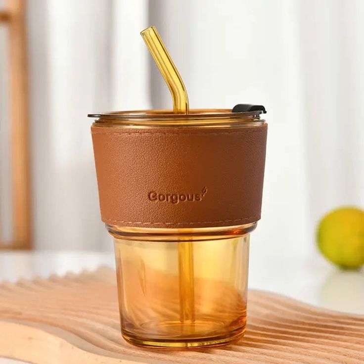 Amber Glass Cup with Leather Sleeve & Straw