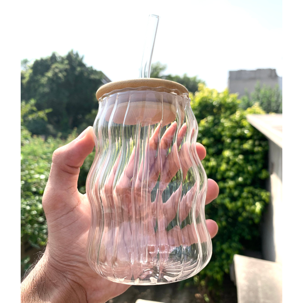 Wavy Smoke Glass Cup with Bamboo Lid & Straw