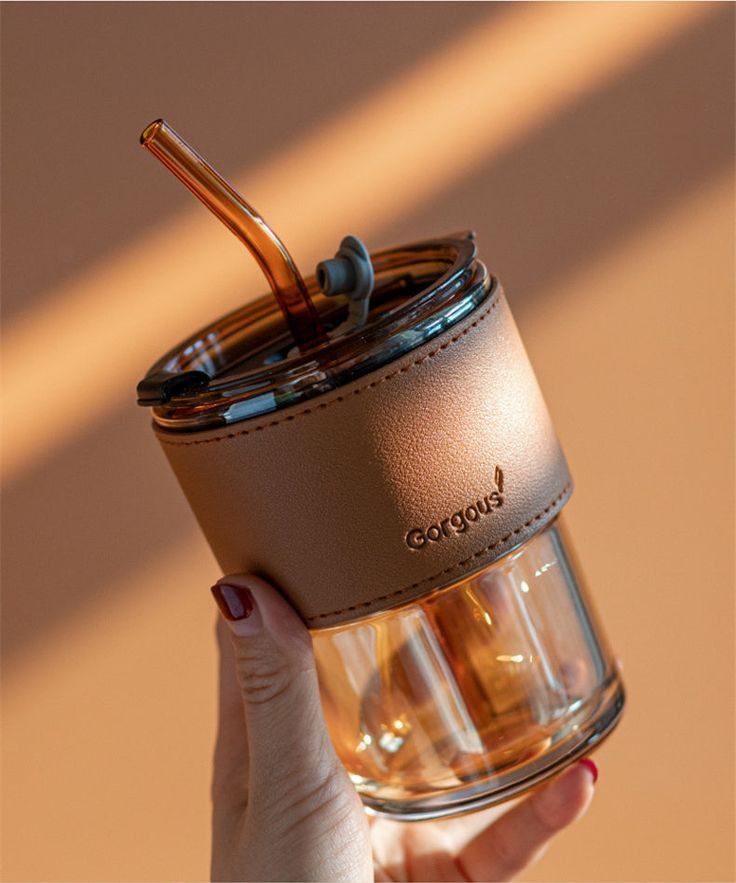 Amber Glass Cup with Leather Sleeve & Straw