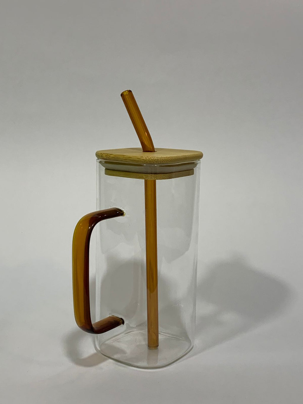 Square Clear Glass Mug with Amber Handle & Bamboo Lid