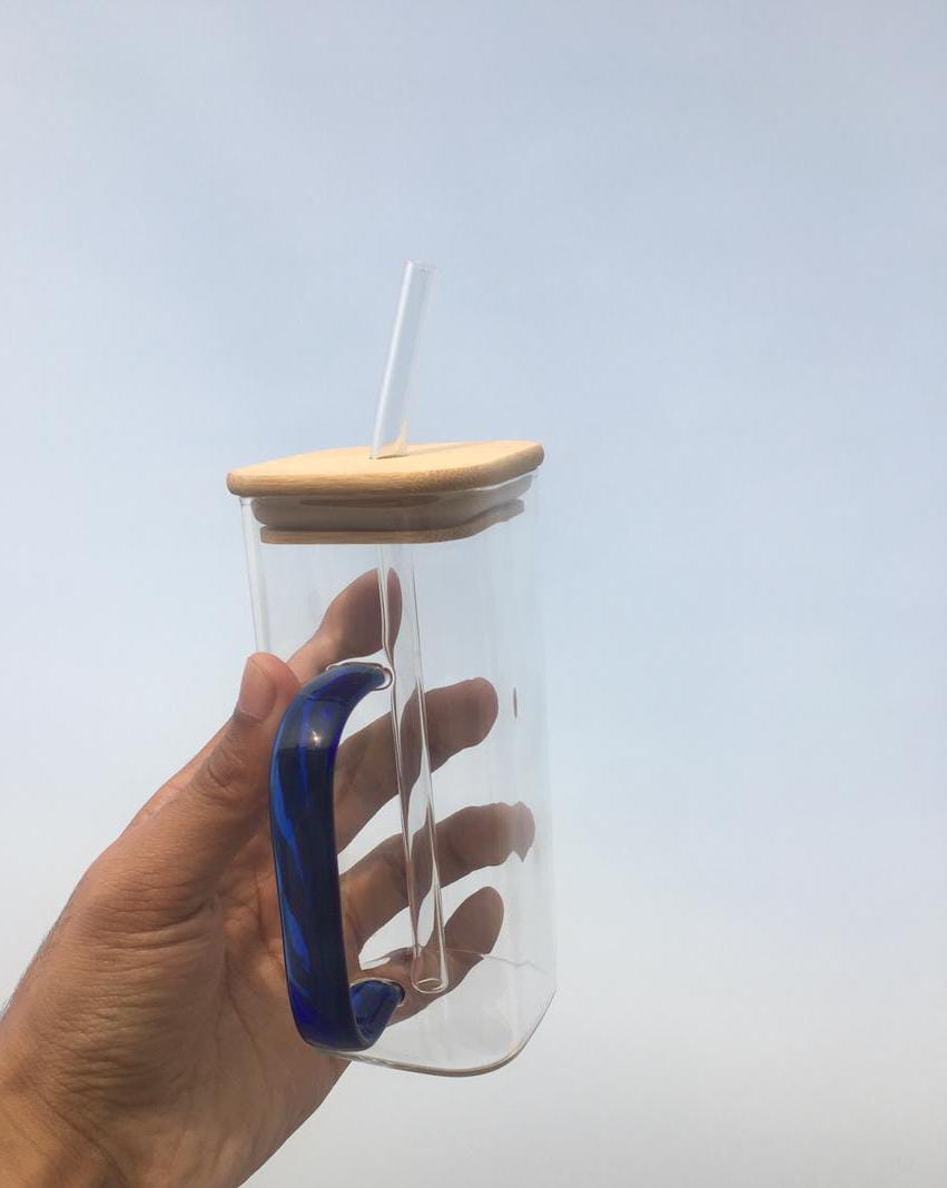 Square Clear Glass Mug with Amber Handle & Bamboo Lid