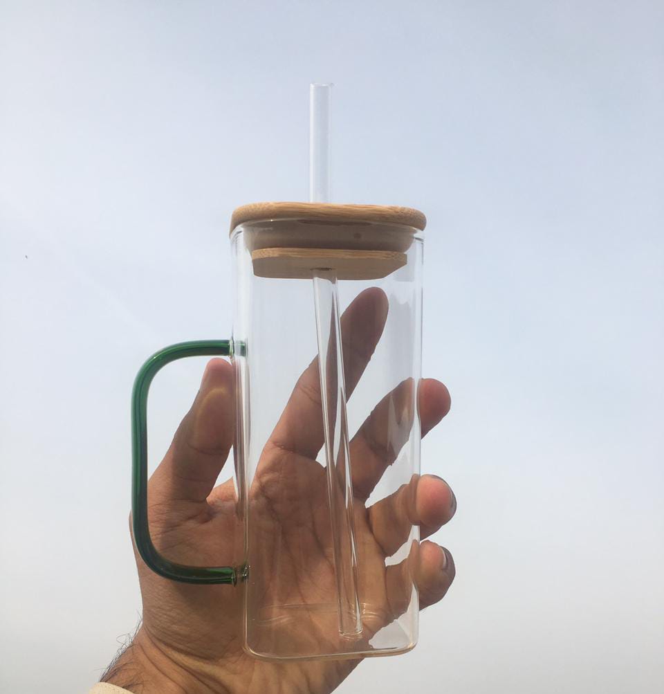 Square Clear Glass Mug with Amber Handle & Bamboo Lid