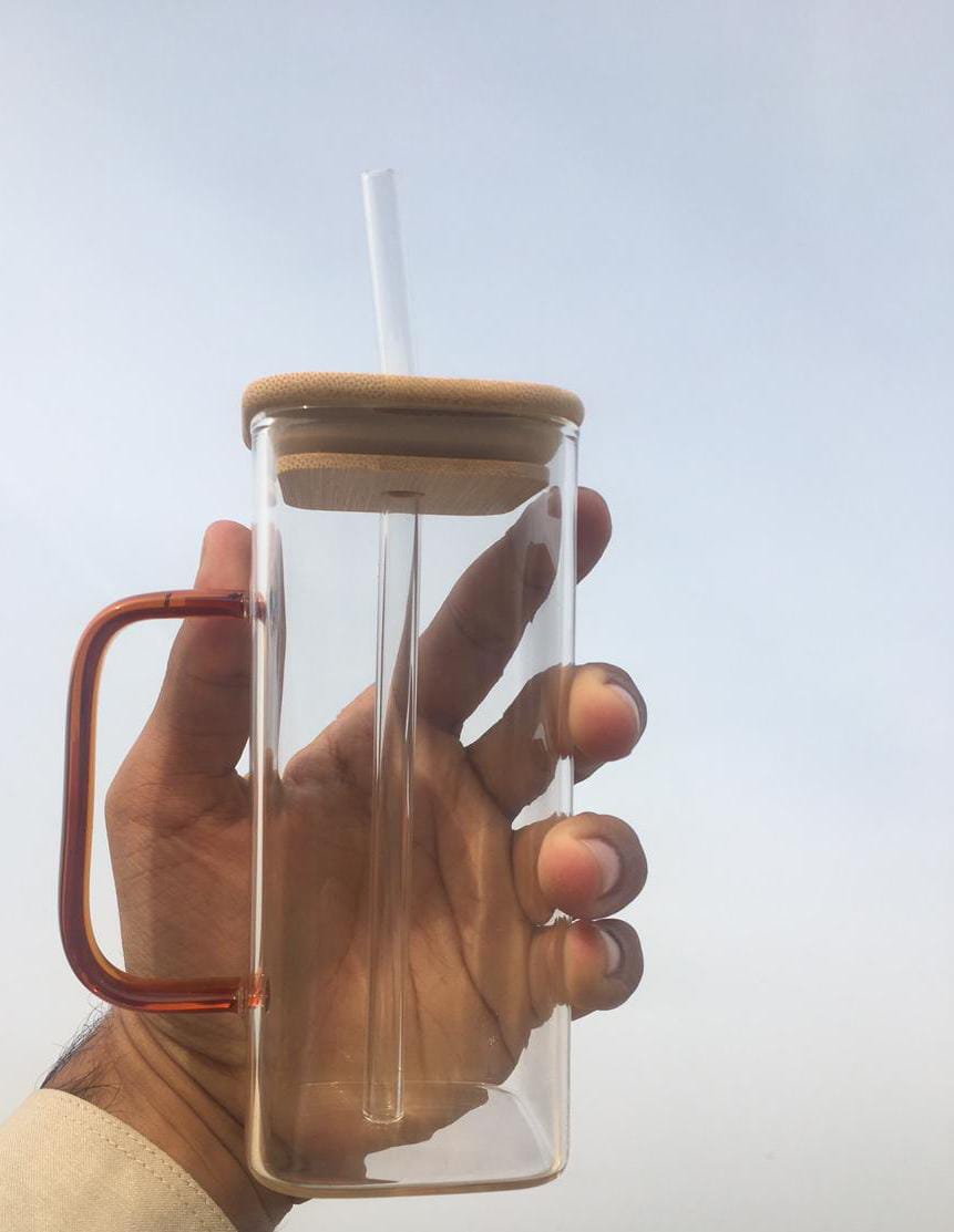 Square Clear Glass Mug with Amber Handle & Bamboo Lid