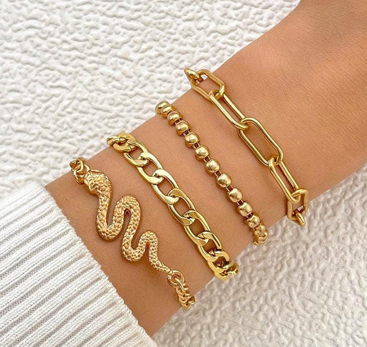Bold Snake Charm Chain Bracelet Set – 4-Piece Gold Layered Style