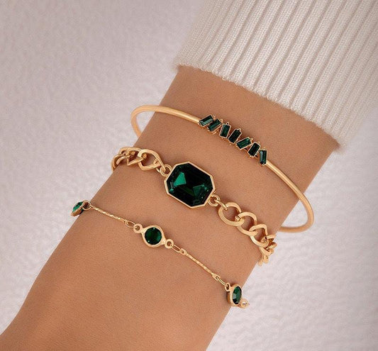 Emerald Charm Layered Bracelet Set – Elegant & Gold-Tone Design