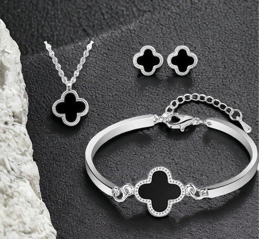 Elegant Clover Jewelry Set – Black Enamel & Silver Finish