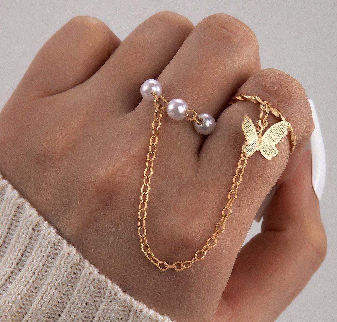 Butterfly & Pearl Dual Chain Ring – Adjustable Gold-Tone Finger Jewelry