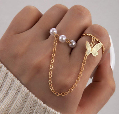 Butterfly & Pearl Dual Chain Ring – Adjustable Gold-Tone Finger Jewelry