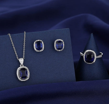 Royal Blue Cushion-Cut Jewelry Set – Necklace, Earrings & Ring with Halo Accents