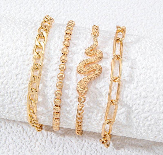 Bold Snake Charm Chain Bracelet Set – 4-Piece Gold Layered Style