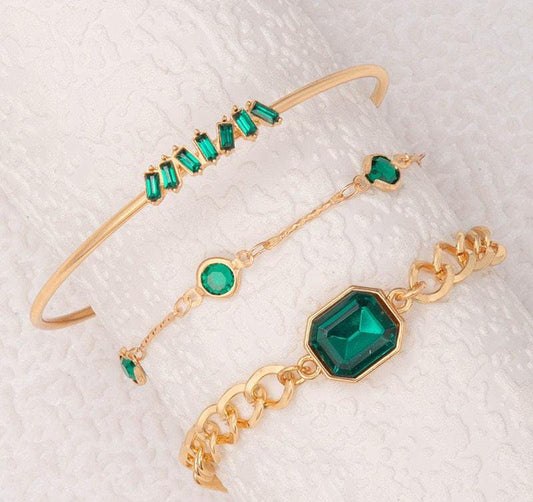 Emerald Charm Layered Bracelet Set – Elegant & Gold-Tone Design