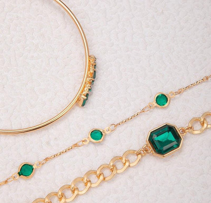Emerald Charm Layered Bracelet Set – Elegant & Gold-Tone Design