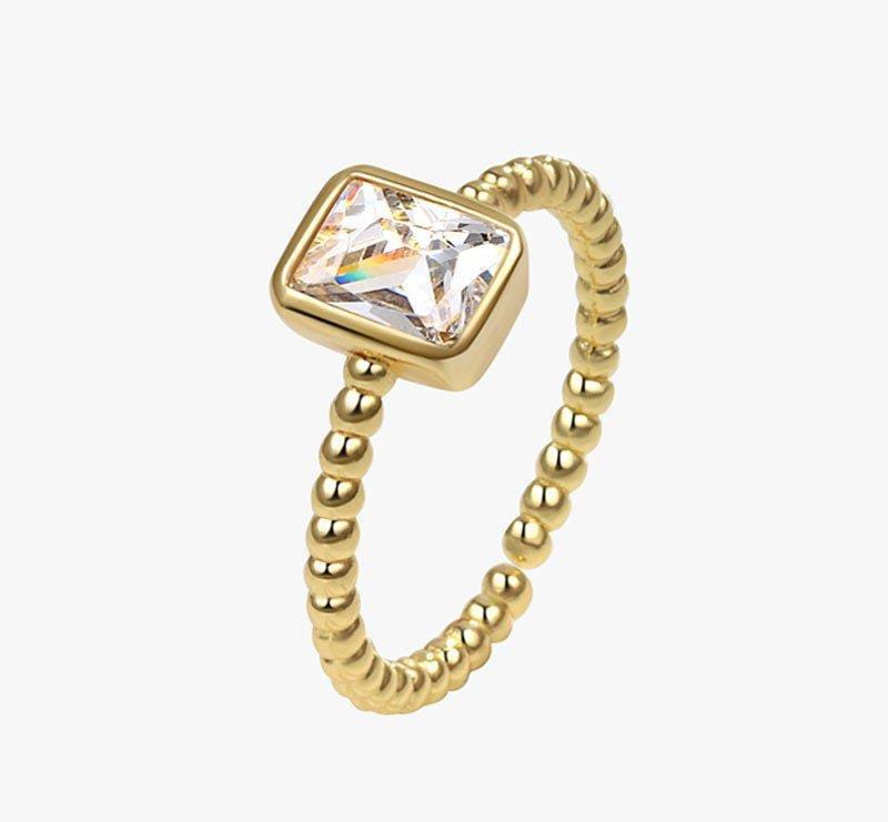 Minimalist Gold Beaded Ring – Adjustable with Clear Gemstone Accent