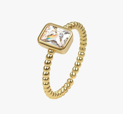 Minimalist Gold Beaded Ring – Adjustable with Clear Gemstone Accent