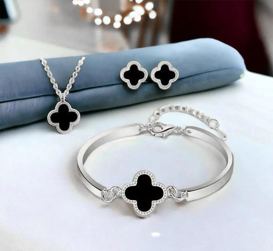 Elegant Clover Jewelry Set – Black Enamel & Silver Finish