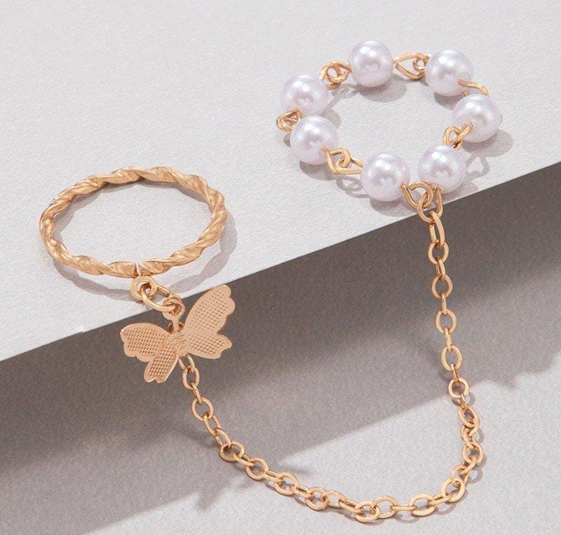 Butterfly & Pearl Dual Chain Ring – Adjustable Gold-Tone Finger Jewelry