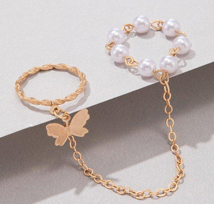 Butterfly & Pearl Dual Chain Ring – Adjustable Gold-Tone Finger Jewelry