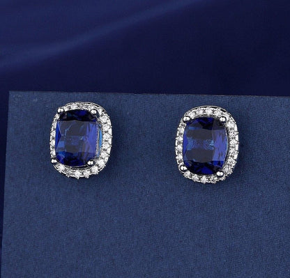 Royal Blue Cushion-Cut Jewelry Set – Necklace, Earrings & Ring with Halo Accents
