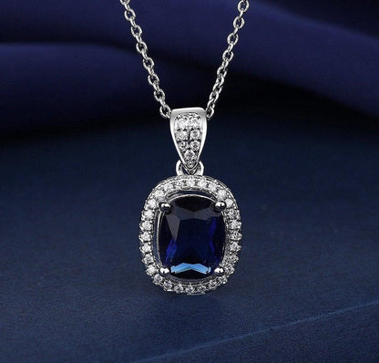 Royal Blue Cushion-Cut Jewelry Set – Necklace, Earrings & Ring with Halo Accents