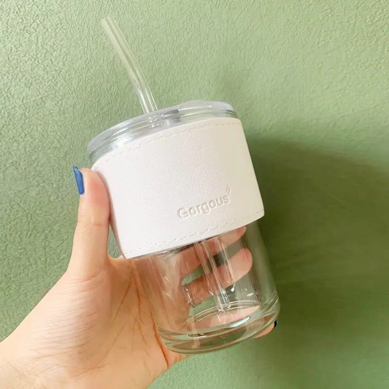 Amber Glass Cup with Leather Sleeve & Straw