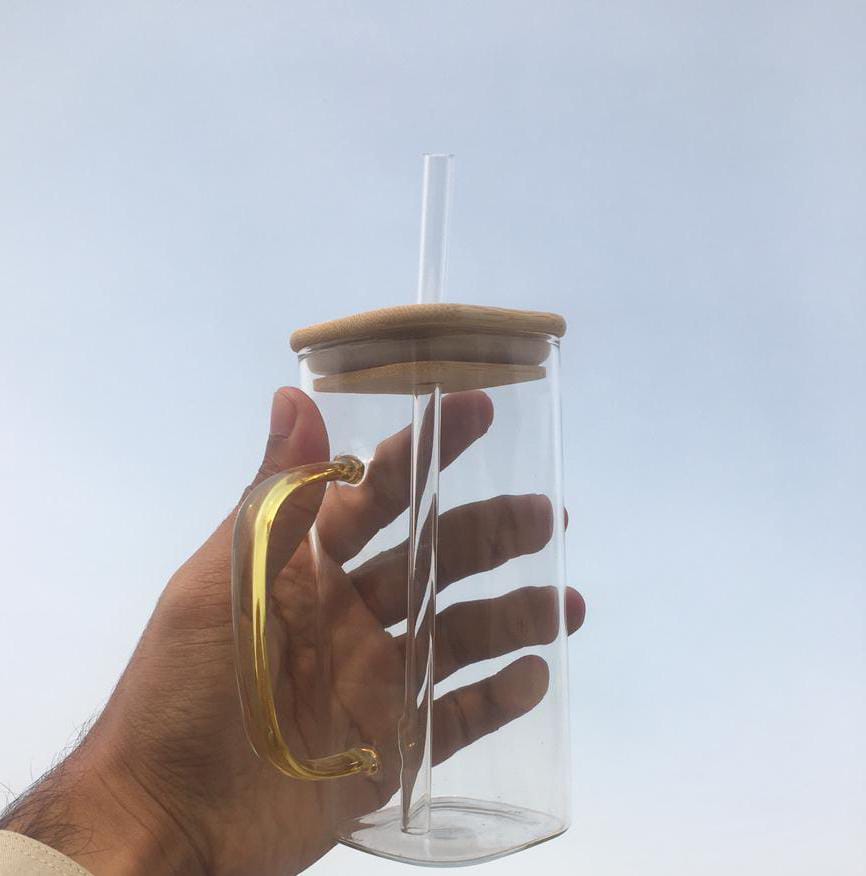 Square Clear Glass Mug with Amber Handle & Bamboo Lid