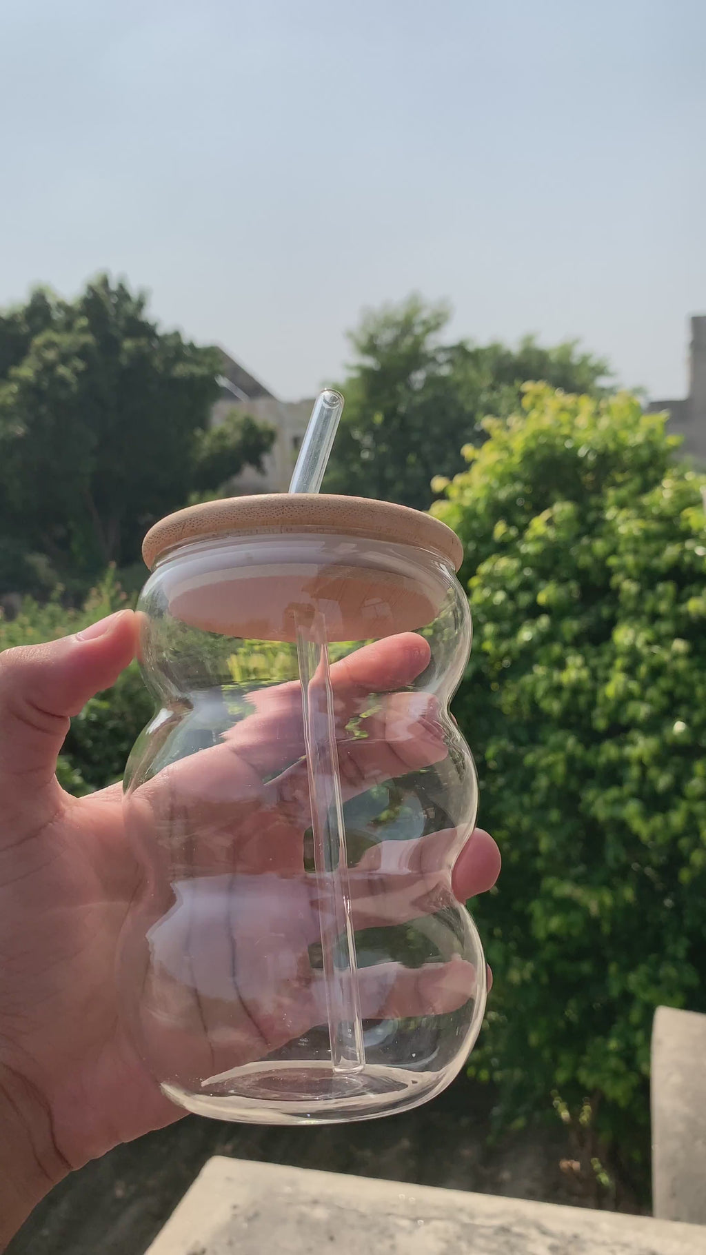 Wavy Bubble Glass Tumbler with Bamboo Lid & Straw