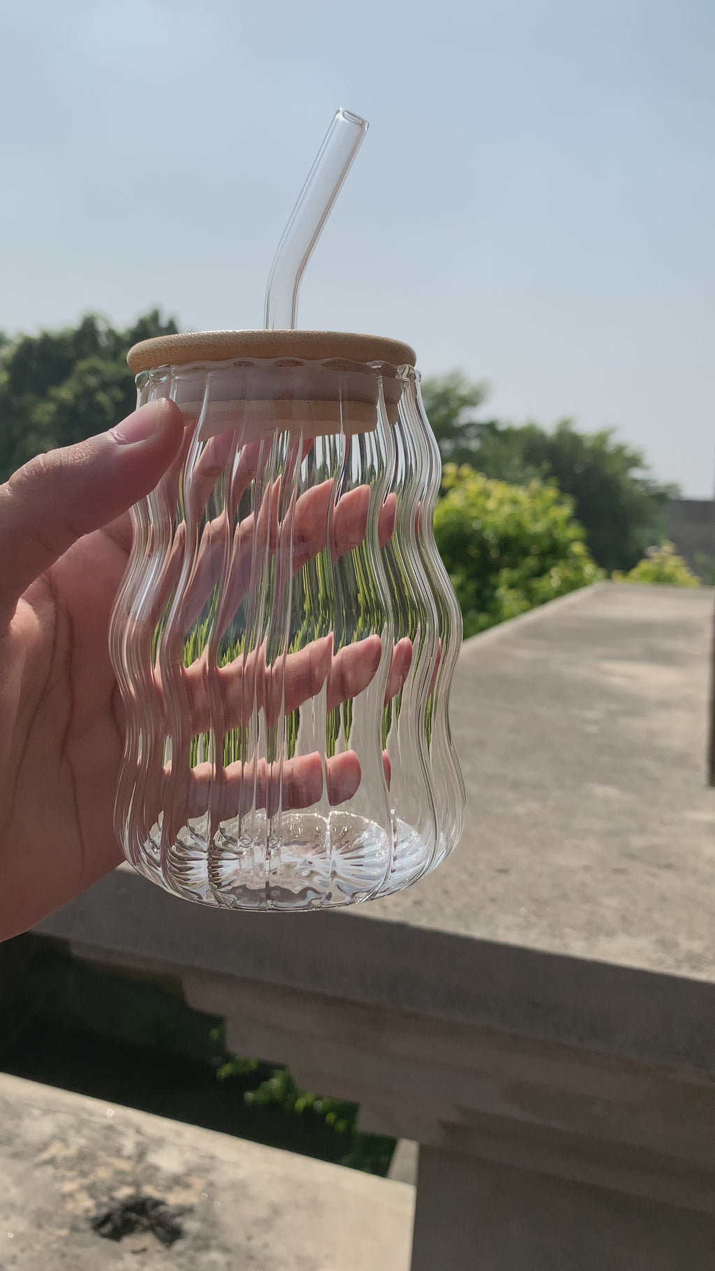 Wavy Smoke Glass Cup with Bamboo Lid & Straw
